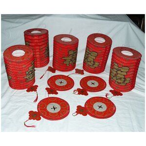 9 CHINESE JAPANESE FESTIVAL Red & Gold Party Paper LANTERN LAMP Set, EUC